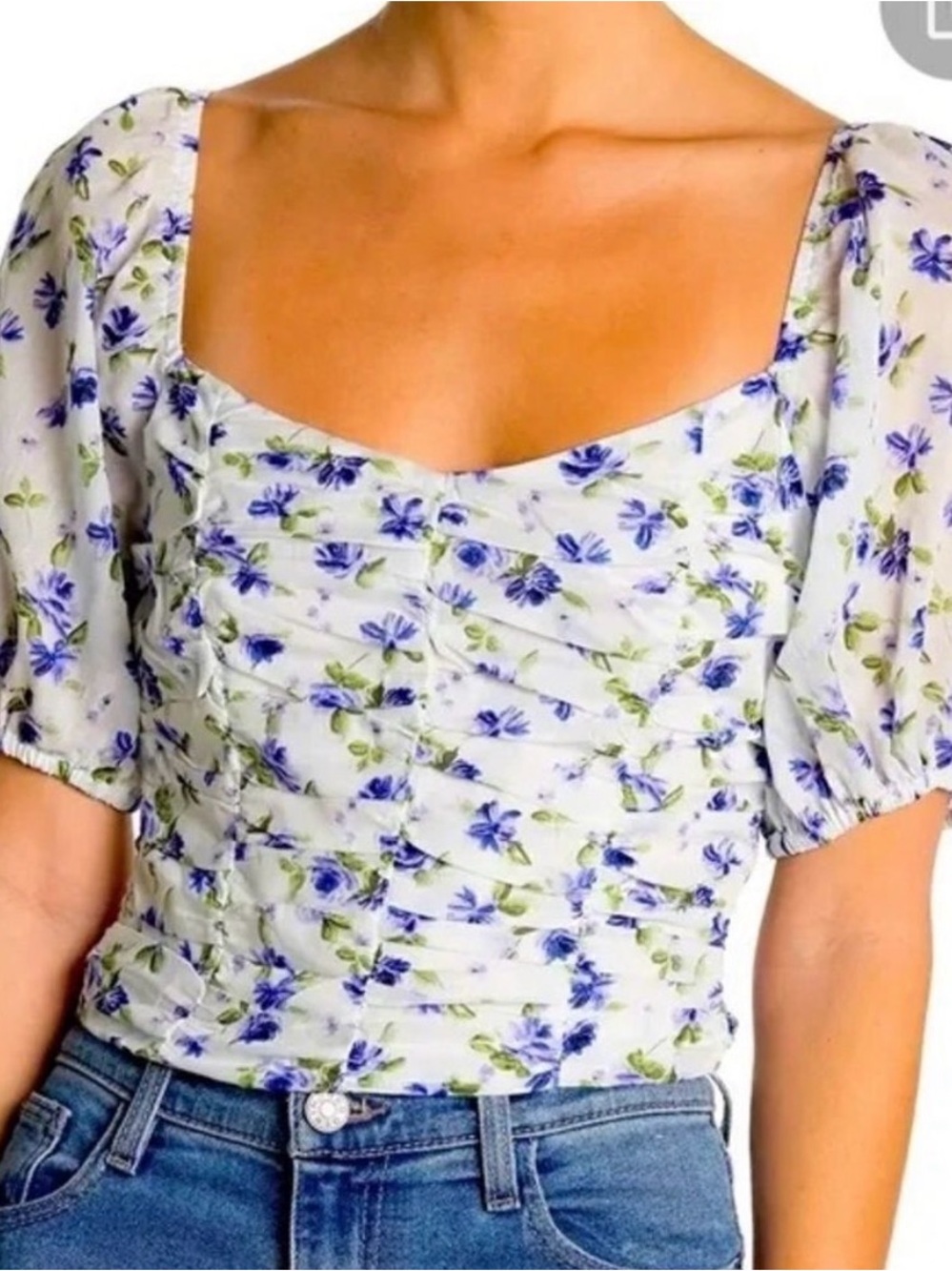 Elodie White Floral Square-Neck Puff Sleeve Top
